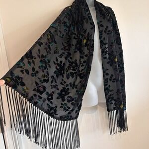 Cejon Velvet Burnout Rectangular Long Fringe Scarf Black Rayon Silk Blend 70x20